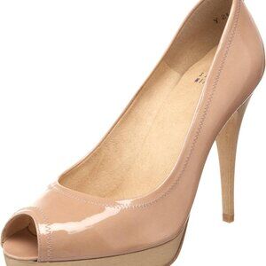 Stuart Weitzman Avignon Platform Peep Toe Heel, Nude Patent, with original box
